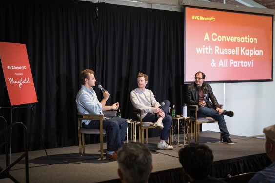 Ali Partovi, Russell Kaplan and Maxwell Zeff during a StrictlyVC Menlo Park event