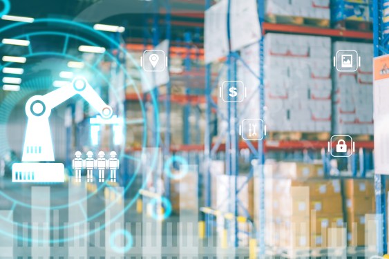 Various hologram symbols appear on the warehouse background. technology and modernity.