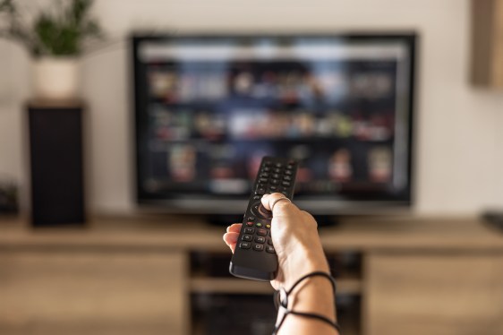 hand holding remote pointed at TV