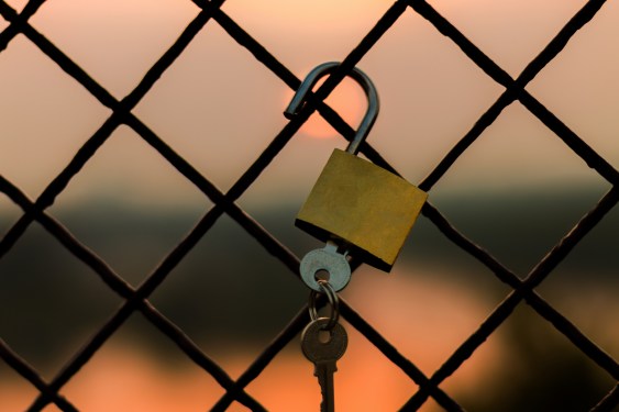 An open padlock unlocked hanging off of a gate