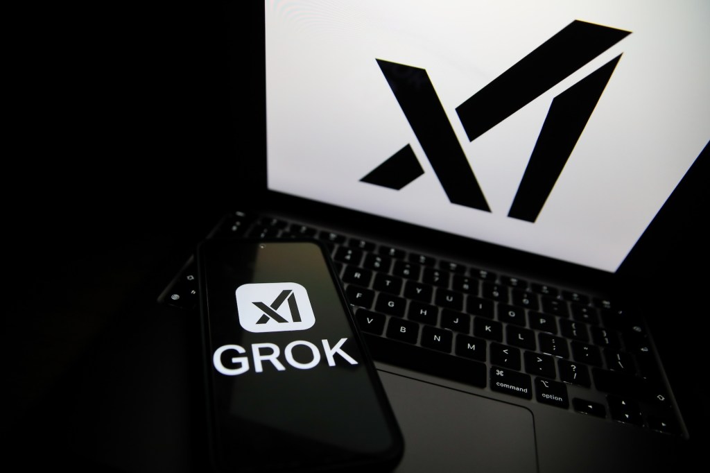 The Grok logo appears on a phone and the xAI logo is displayed on a laptop.