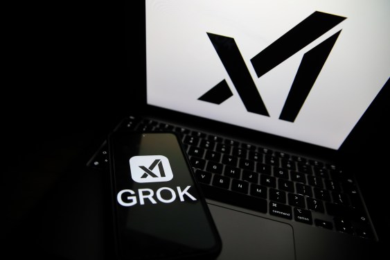 The Grok logo appears on a phone and the xAI logo is displayed on a laptop.