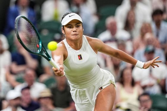 LONDON, ENGLAND - JULY 04: Emma Raducanu of United Kingdom plays a forehand in the Ladies' Singles Third Round match against Aryna Sabalenka on day five of The Championships Wimbledon 2025 at All England Lawn Tennis and Croquet Club on July 04, 2025 in London, England. (Photo by Shi Tang/Getty Images)