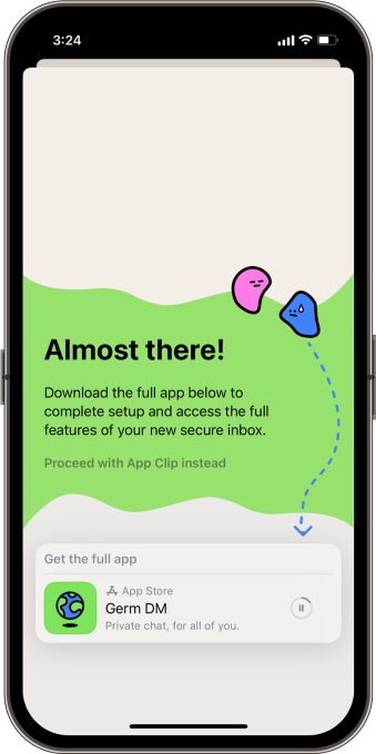 a screenshot of the Germ app, showing its download and onboarding process.