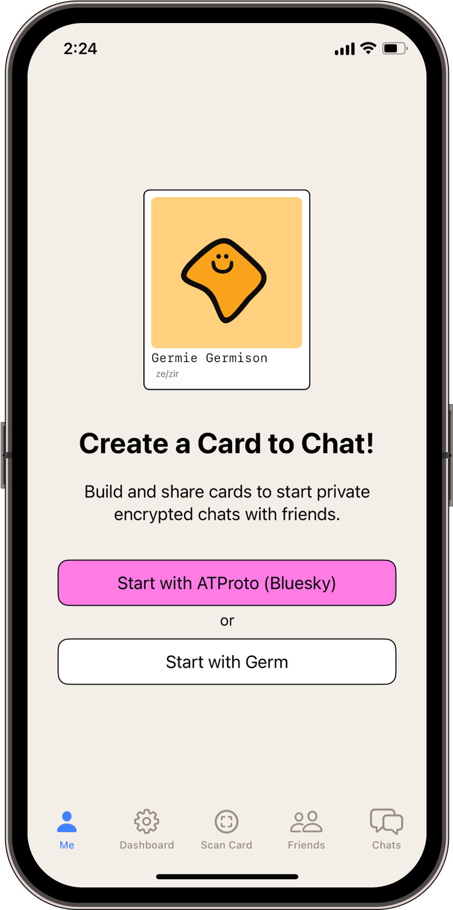 a screenshot of the Germ app, which requires logging in and creating a card to chat.