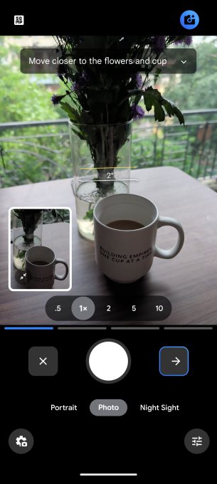 A screenshot showing camera coach feature on Pixel 10, which guides you how to frame your shot better