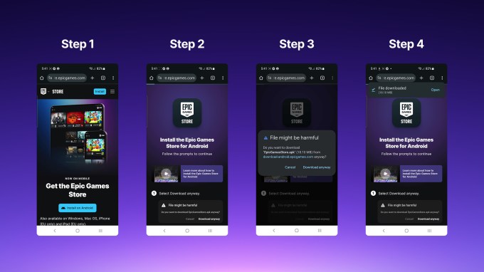 An images with multiple screenshots showing the beginning of the process of installing a third-party app store on Android.