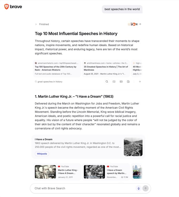 A screenshot showing the new Ask brave feature from the search company Brave, which gives detailed answers to your queries. 