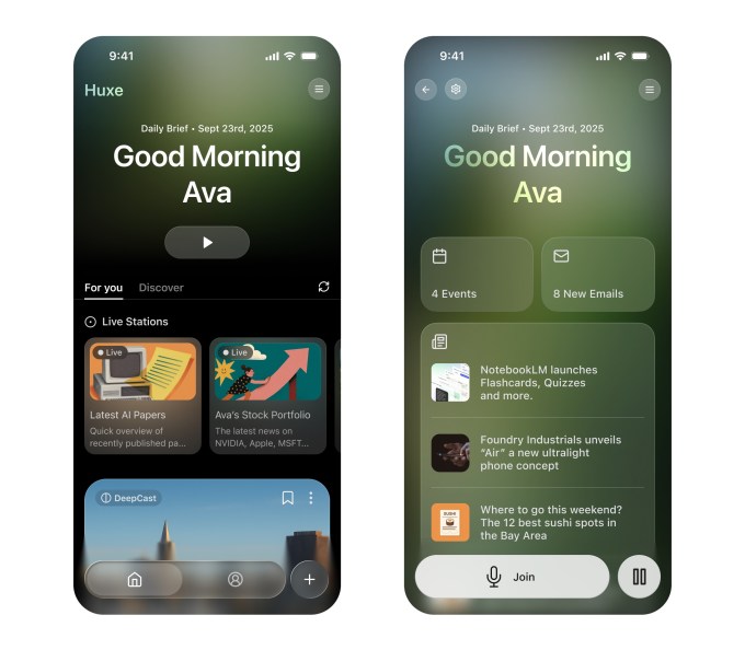 A pair of screenshot showing audio app Huxe's home screen where you can go through different news briefs and deepdive podcasts generated by AI.