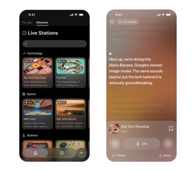A pair of screenshots showing Live Station feature on audio app Huxe. These stations are representative of topics you can follow evolve over time. Every time you open a live station, the app sends you updates.