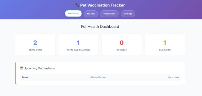 The screenshot also shows a pet vaccine tracker app made through Emergent Platform. The screenshot shows a dashboard with upcoming vaccinations for pets, with the number of pets added to the application and total vaccinations. 