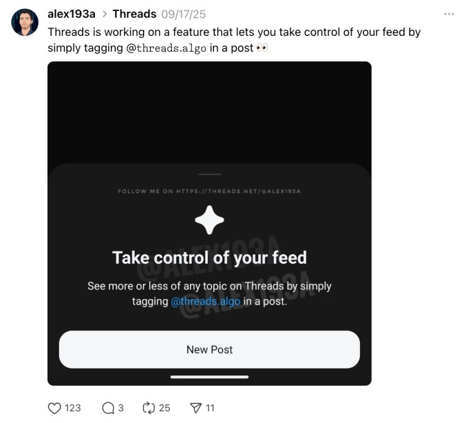 Threads is working on a tool that would let users configure their feed by tagging an account on the app. 