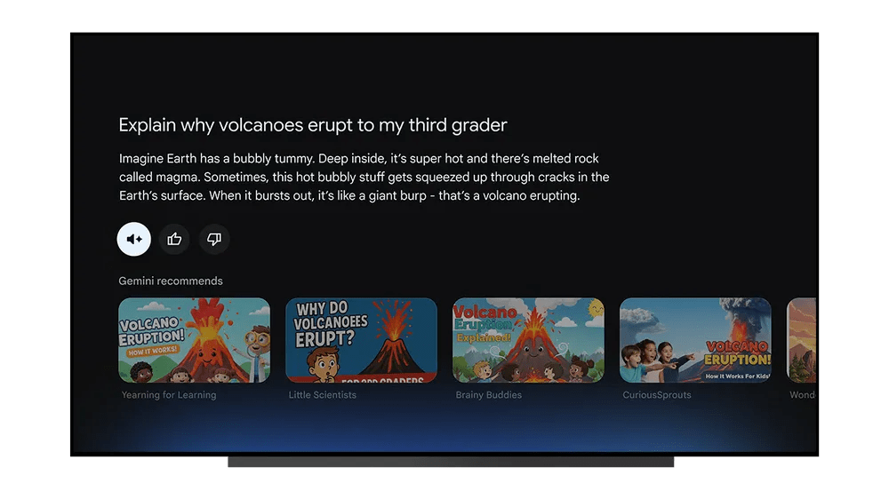 a photo of a Google TV showing a response on screen showing a prompt: "explain why volcanoes erupt to my third grader".