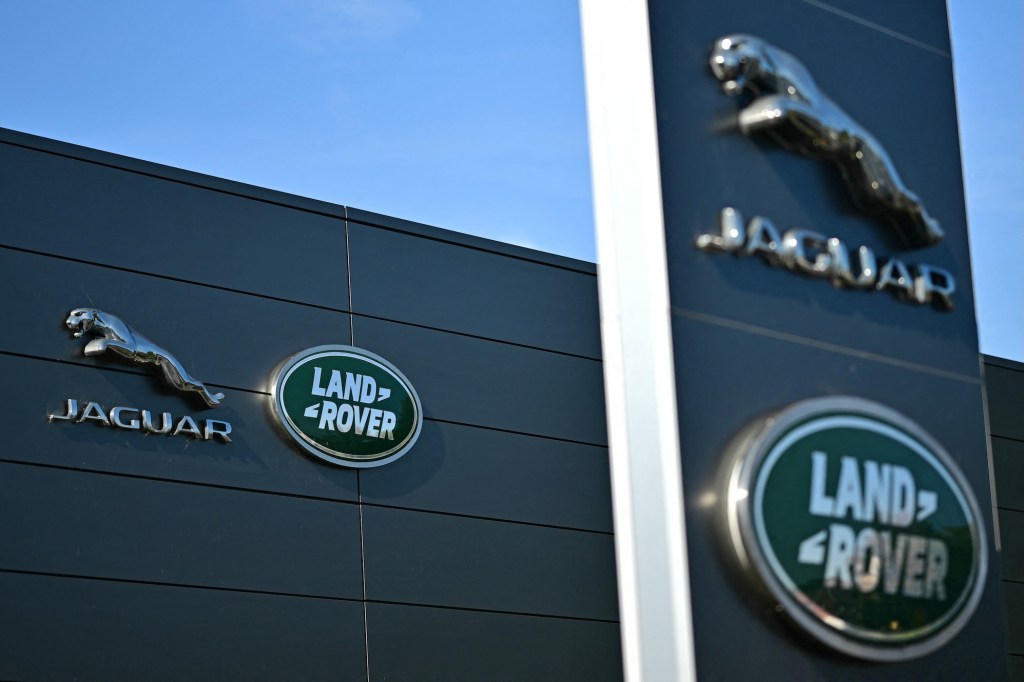 Jaguar Land Rover signage is seen on a dealership in Tonbridge south-east of London on September 29, 2025