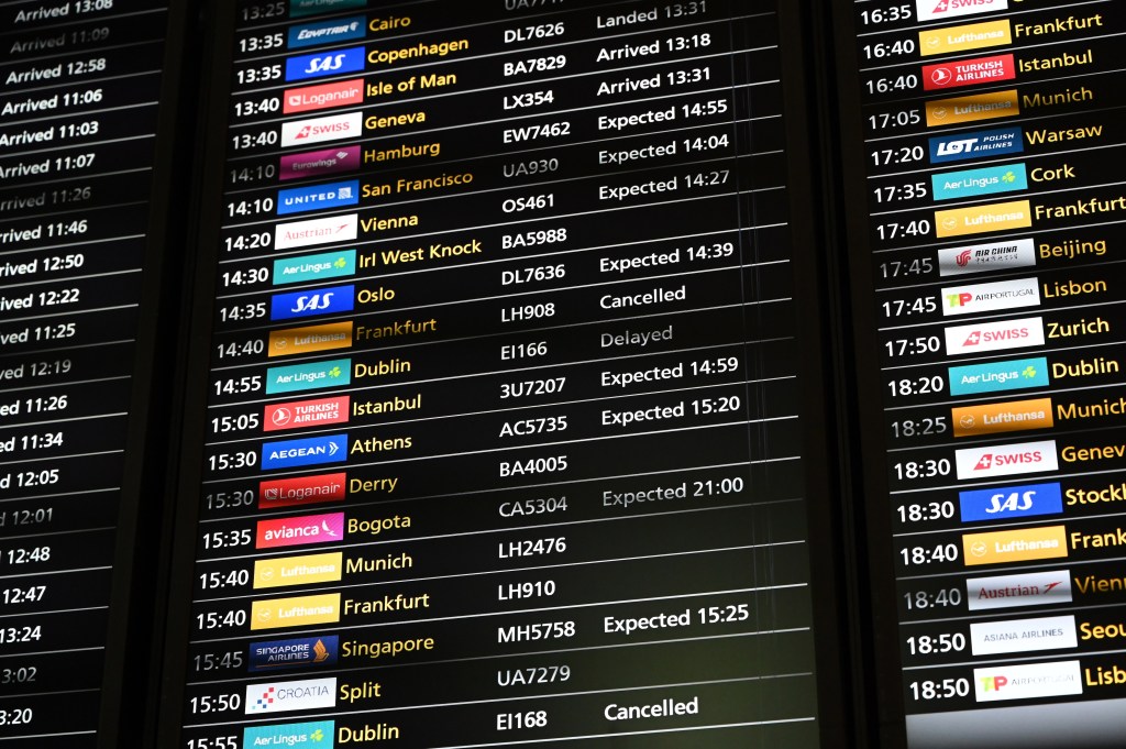 A view of cancelled and delayed flight information displayed at a flight information board as technical issue causes by a cyberattack on a third-party system provider led to congestion in Heathrow Airport, in London, United Kingdom on September 20, 2025.