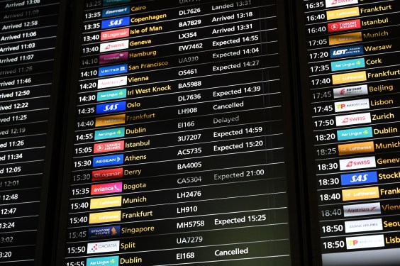 A view of cancelled and delayed flight information displayed at a flight information board as technical issue causes by a cyberattack on a third-party system provider led to congestion in Heathrow Airport, in London, United Kingdom on September 20, 2025.