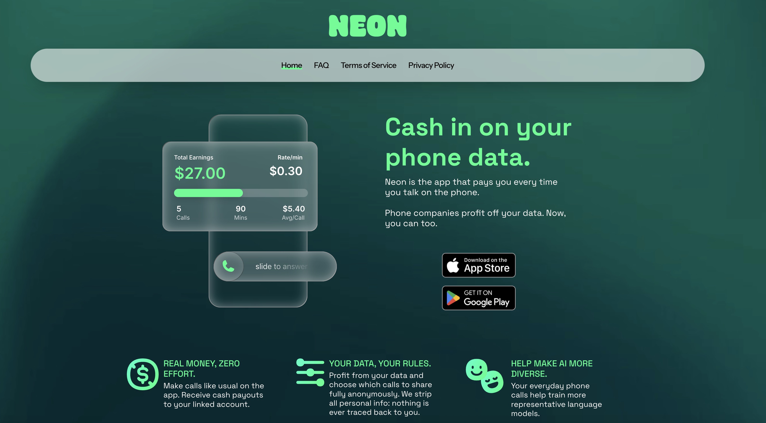 a screenshot showing Neon Mobile's website