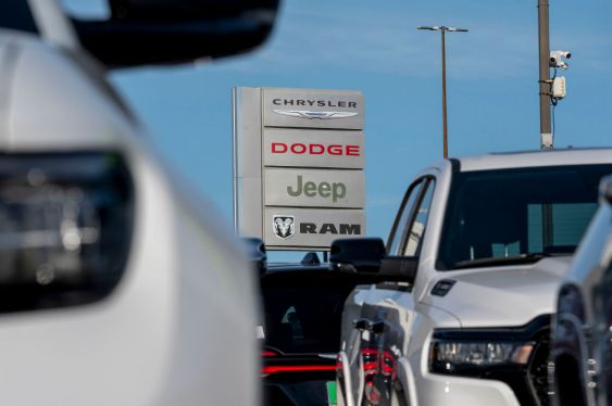 Chrysler, Dodge, Jeep, and Ram signage at a dealership in Richmond, California, US, on Monday, March 3, 2025.