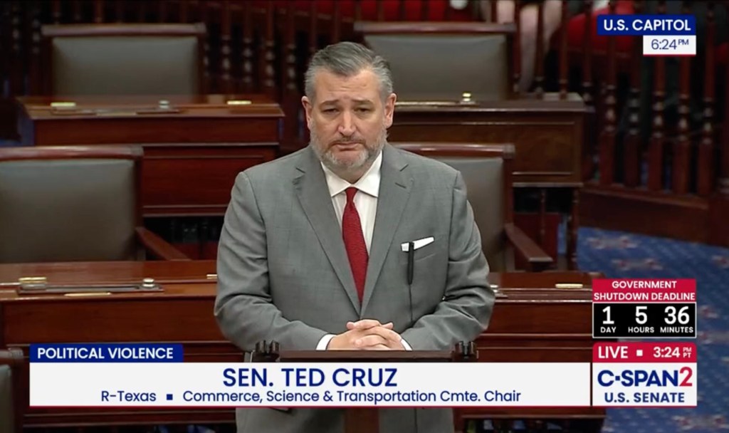 a photo of Ted Cruz, speaking to the Senate on Sept. 29, as seen on C-Span