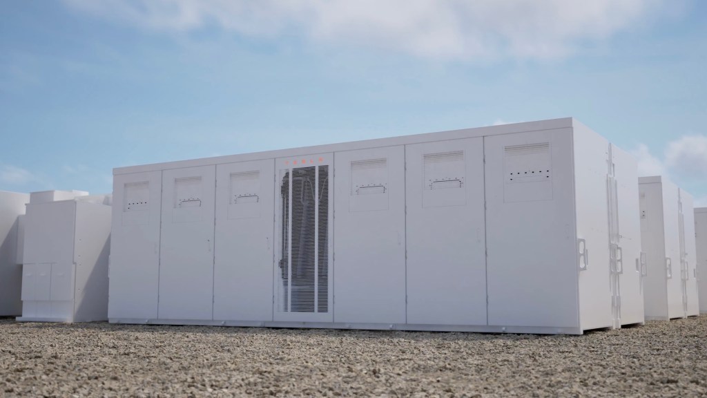 A rendering shows Tesla's Megablock energy storage system.