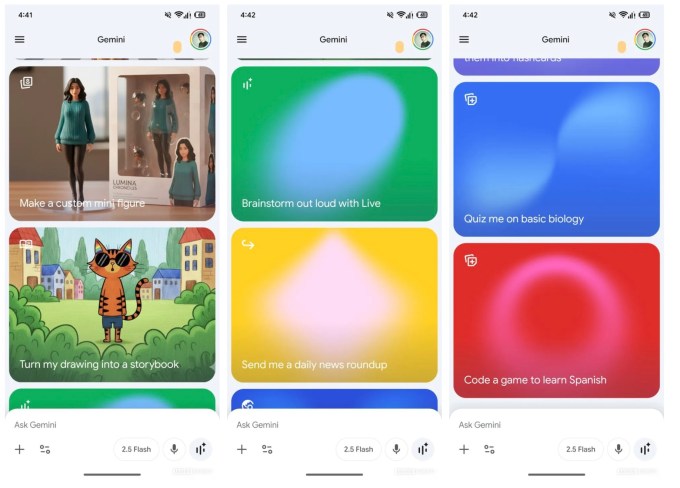 screenshots showing gemini's new interface with colorful prompts and images
