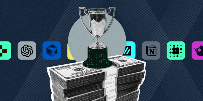 render of trophy atop stack of dollar bills