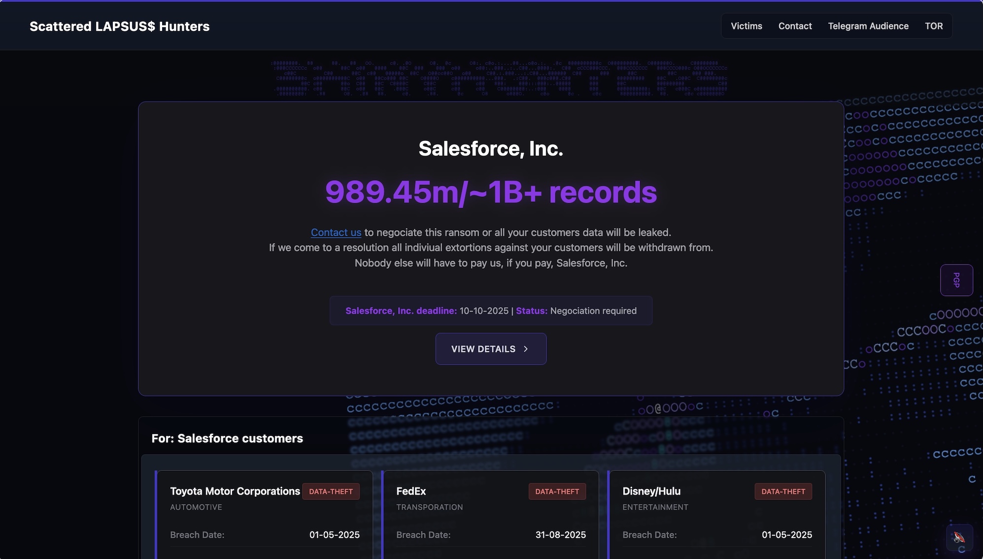 a screenshot from the ShinyHunters' hacking group's leak site, which claims 1 billion records stolen from Salesforce databases