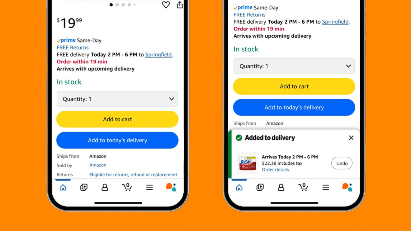 two screenshots side by side showing the Amazon app, allowing users to "add to today's delivery" with a button.