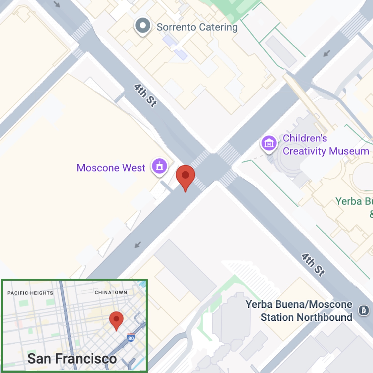 a photo showing a Google Maps dot where the photo of outside Moscone West was taken.