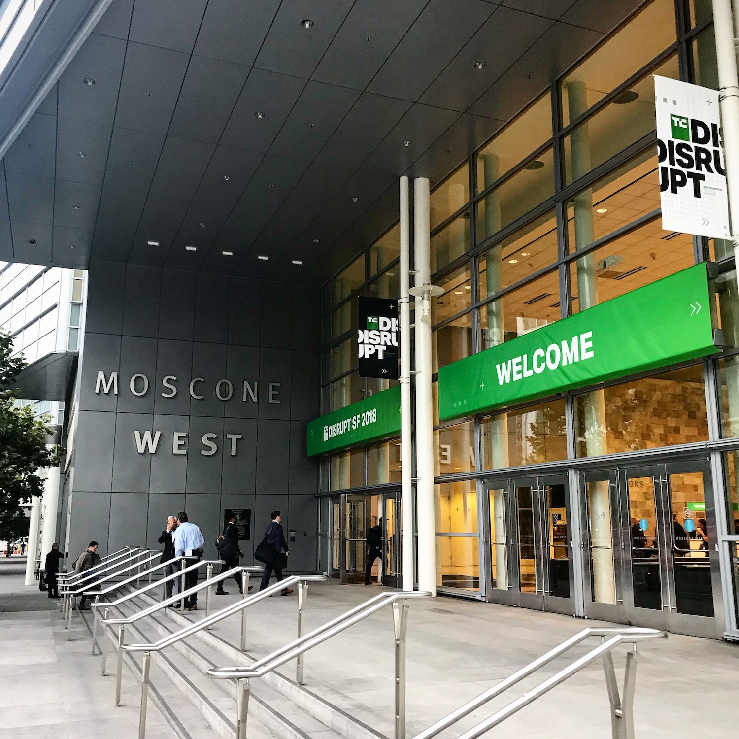 a photo showing the outside front doors of Moscone West in San Francisco.